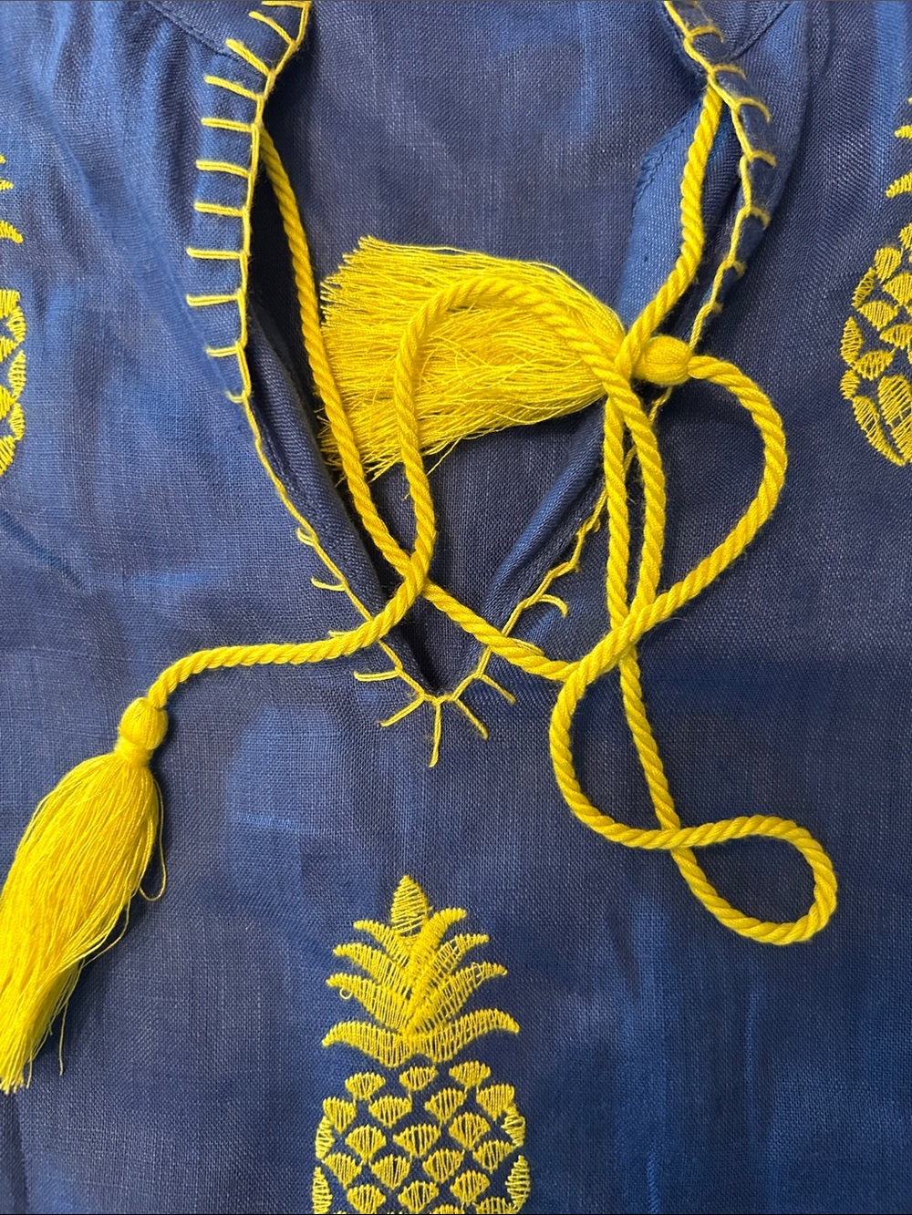 Tyler Boe 💯%Linen Blue Dress w/Yellow Pineapples embroidered everywhere.szSMALL - Picture 5 of 14